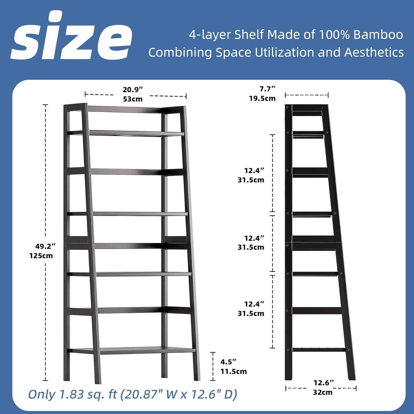 HITNET Black Bookshelf, 4-Tier Ladder Shelf, Freestanding Leaning Bookcase with Bamboo Shelves, Space Saving Flower Plant Stand for Small Space
