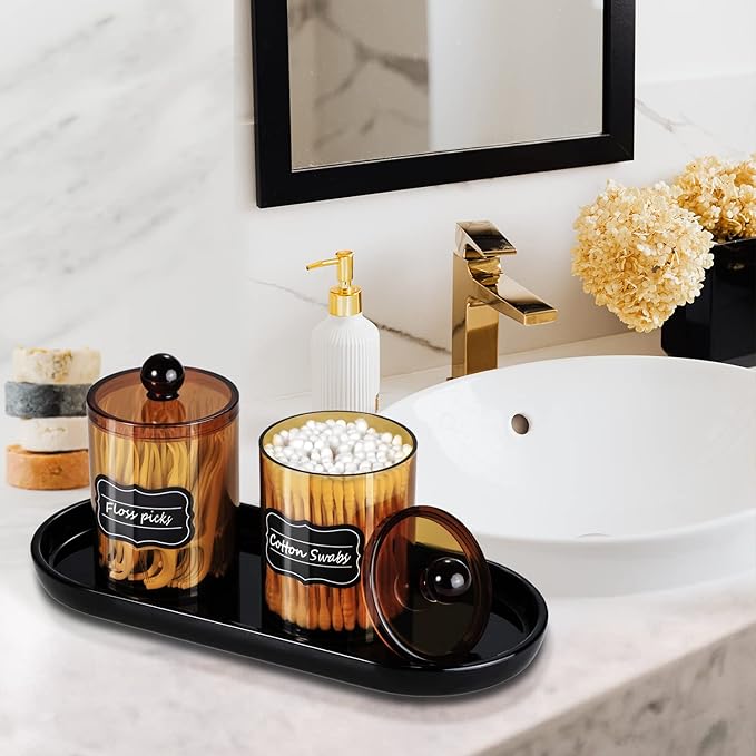 SheeChung 4 Pack Plastic Acrylic Bathroom Vanity Countertop Canister Jars with Storage Lid, Apothecary Jars Qtip Holder Makeup Organizer for Cotton Balls,Swabs,Pads,Bath Salts (Amber)