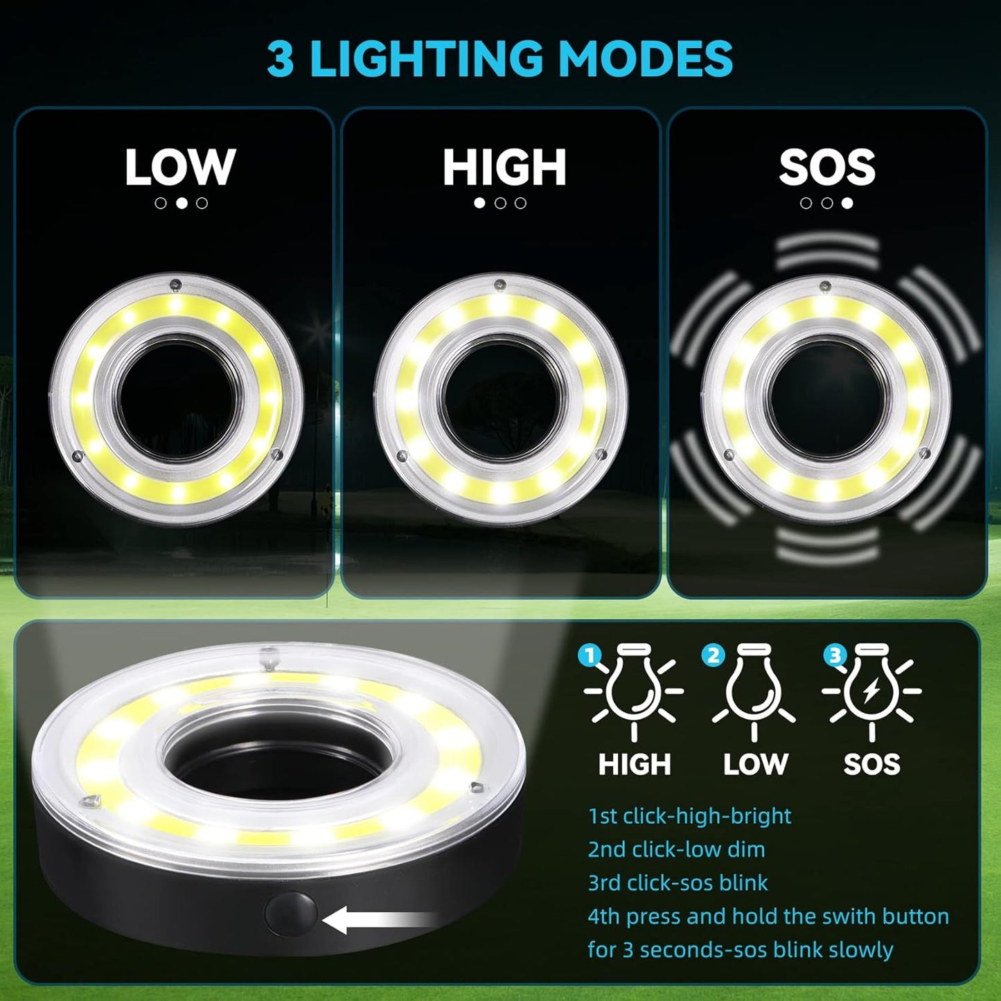 Golf Hole Lights 5 Pack - Led Light with Carabiner, Light Up Glow Hole for Night Play, Luminous Glow Golf Cup Lights for Putting Green Flags and Poles
