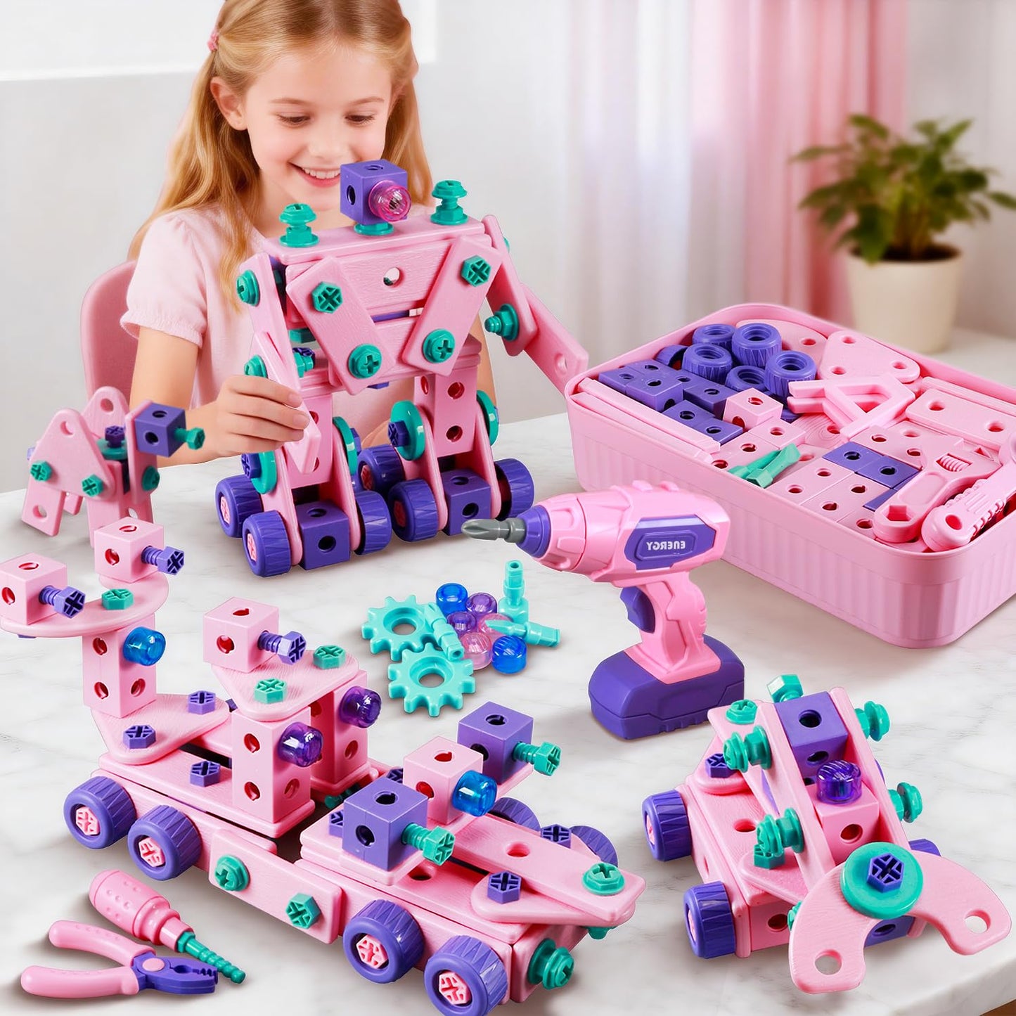 Pink Kids Tool Set for Girls,Toddler Tool Set with Drill &Toolbox,STEM Montessori Toys for 3 4 5 Year Old,Pretend Play Kid Toy,Educational Construction Toy for 3-6 Year Old Girl,Birthday Gift for Kids