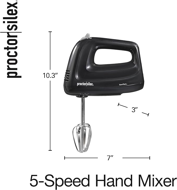 Proctor Silex Easy Mix 5-Speed Electric Hand Mixer with Bowl Rest, Compact and Lightweight, 215 Watts of Peak Power, Black (62511)