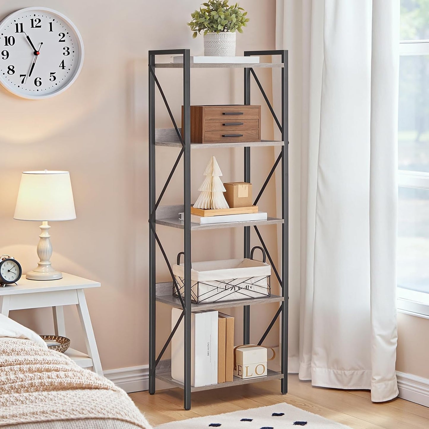 HOOBRO Bookshelf, 5-Tier Industrial Bookcase, Book Shelf Storage Organizer, Tall Bookshelf with Metal Frame for Living Room, Bedroom, Home Office, Kitchen, Greige and Black BG73SJ01