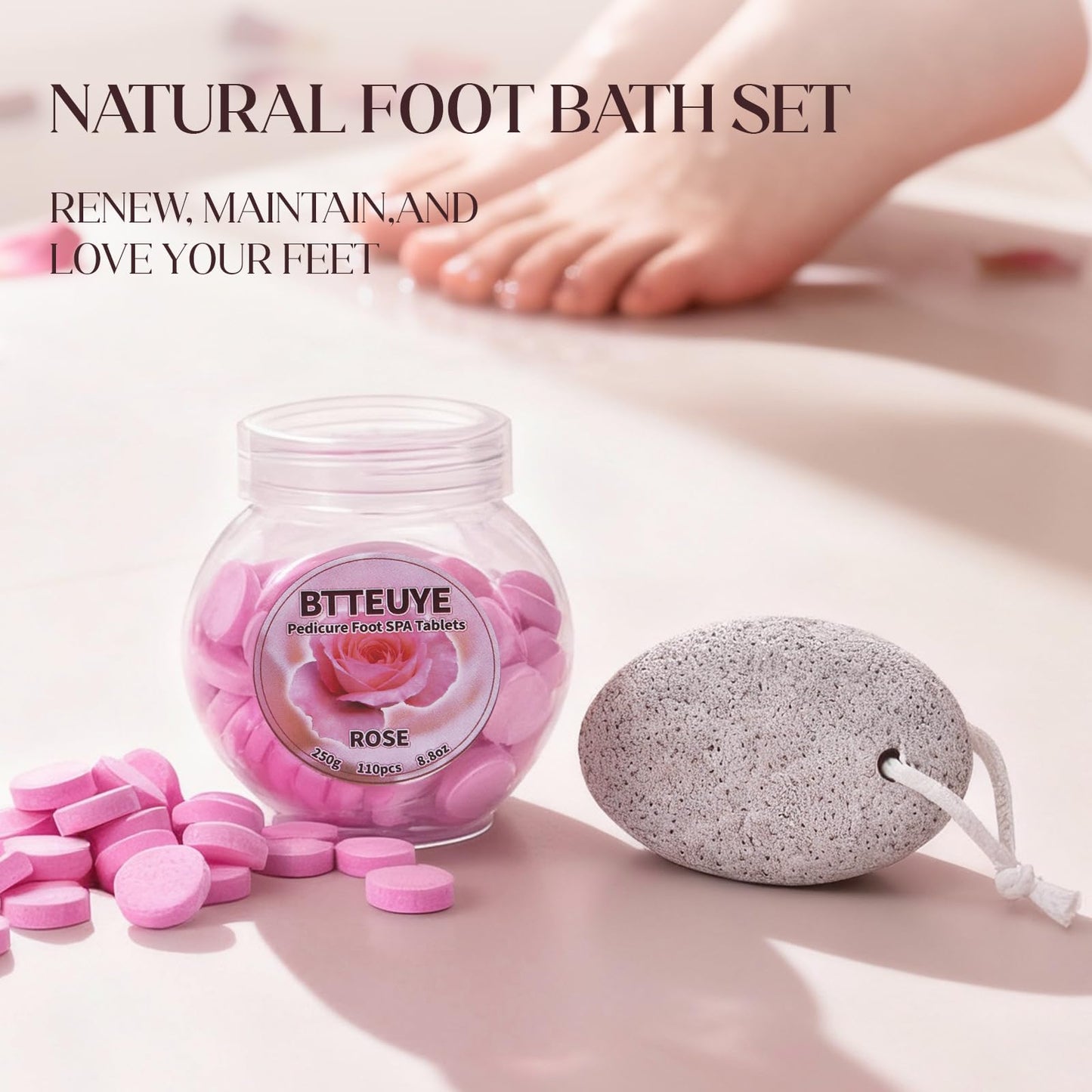 BTTEUYE Foot Callus Remover kit - Pedicure Exfoliation Tool - Dry Dead Skin Scrubber - Pumice Stone for Feet - Pumice Stone,Foot Spa Tablets fot Pedicure - Health Feet Pedicure Care (Rose)