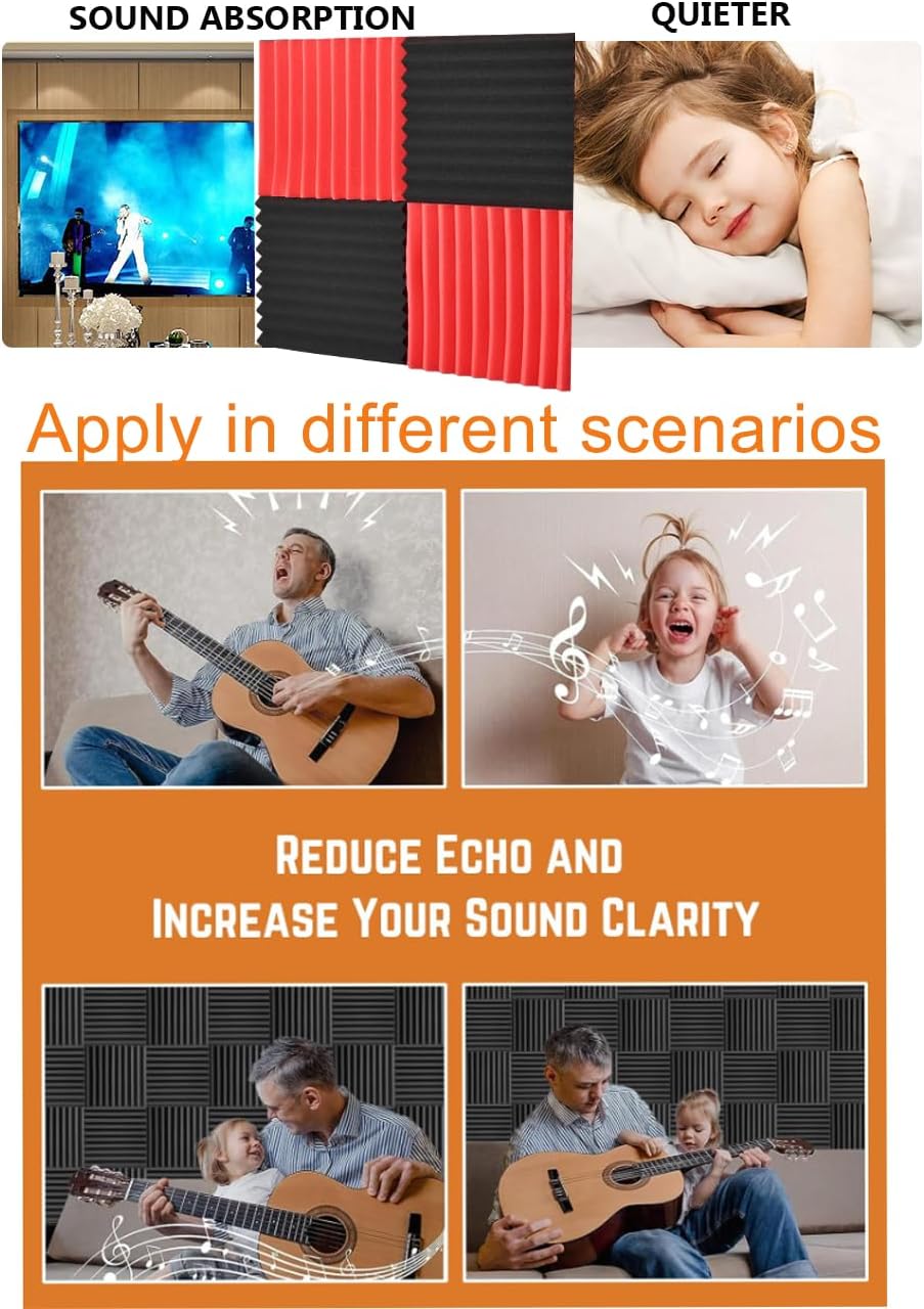 Acoustic Foams Panels 48 Pack 1" x 12"x 12" Sound Proof Foam Panels for Walls High Density and Fire Resistant Soundproofing Panels Soundproof Studio Wedges Sound Dampening Panels Black Red
