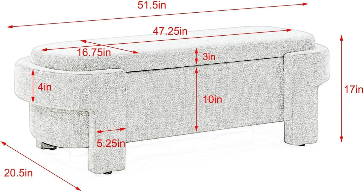 KEIKI 51" Linen Ottoman Bench with Large Storage Space, Upholstered Seating Foot Rest Stool Furniture for Bedroom, Living Room, Entryway, White