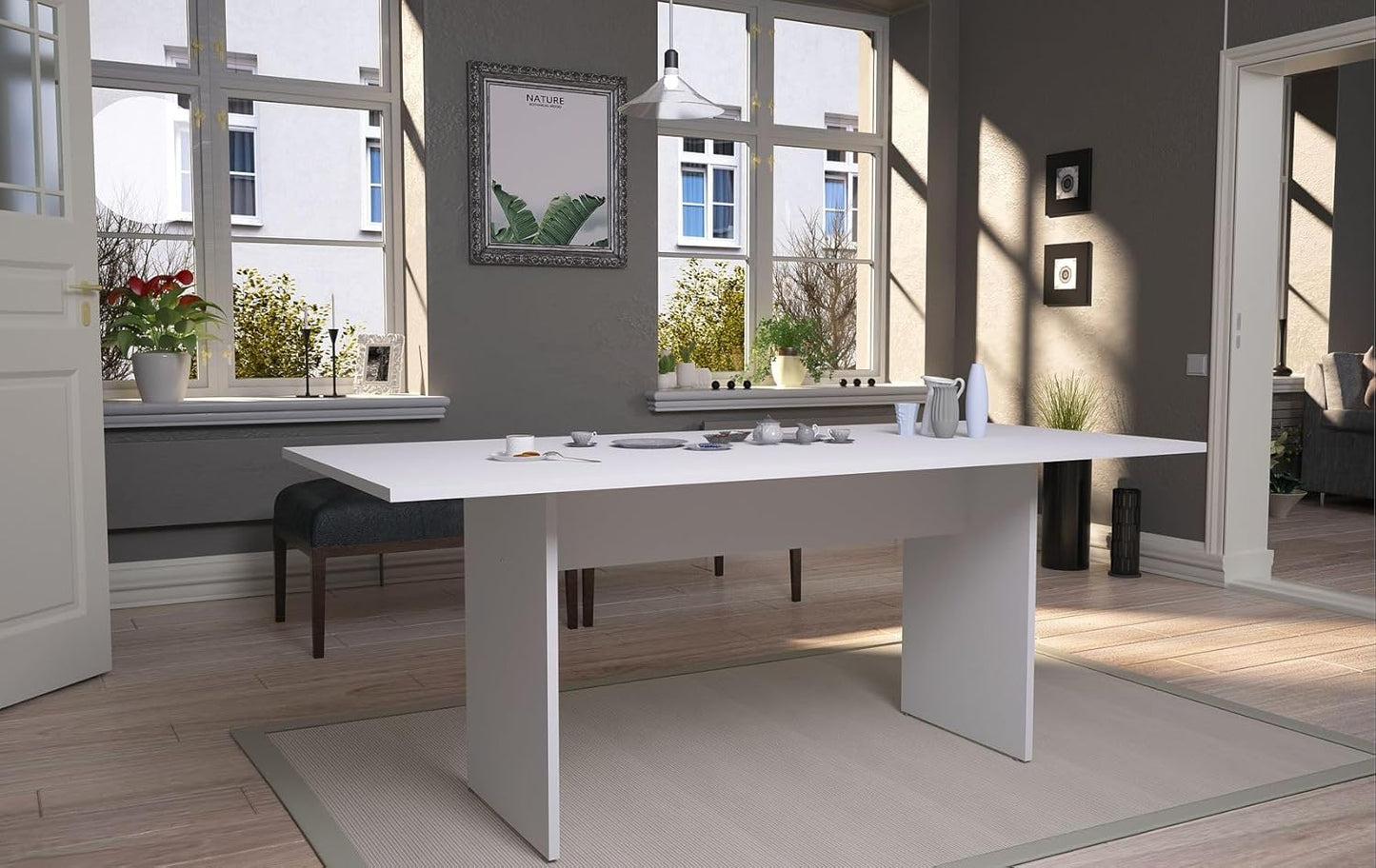 Manhattan Comfort Nomad Dining Table for 4 to 6, Modern Rustic Farmhouse Statement Furniture Piece with Protouch Wood Grain Finish, Sturdy H-Base Pedestal Design, Easy Assembly, 67.91", White