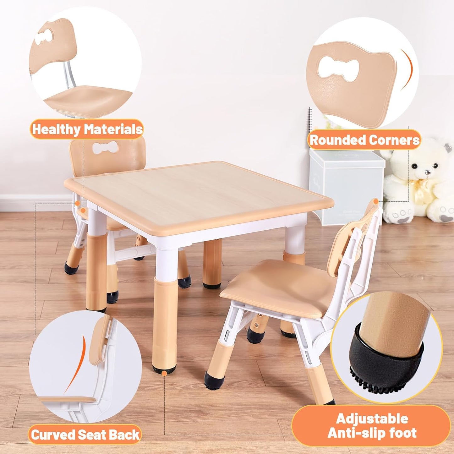 FUNLIO Adjustable Kids Chair (2pcs), 3 Level Height Adjustable Toddler Chair for Ages 3-8, Sturdy Child Chair with Maximum Bearing 220lbs, for Classrooms/Daycares/Homes, CPC & CE Approved - Natural