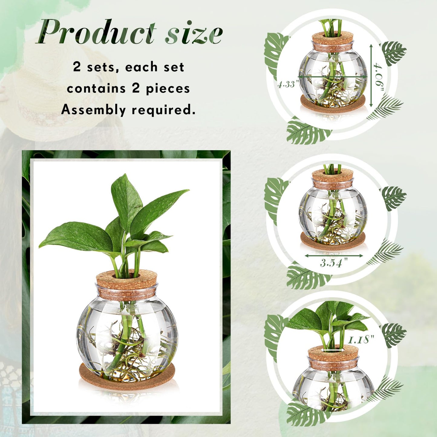 Baderke 2 Packs Propagation Vases for Plants Plastic Plant Propagation Station with Hole Lid and Cork Coasters Plant Growing in Water Hydroponic Home Office Table Decoration(Fish Bowl Style)