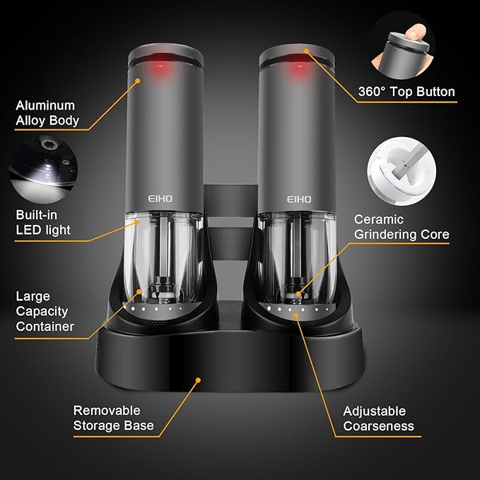 Electric Salt and Pepper Grinder Set Rechargeable, External Adjustable Coarseness, Automatic Salt & Pepper Shakers Mills, Kitchen Gadgets,Stocking Stuffers Christmas Cooking Gifts for Adults Men Women