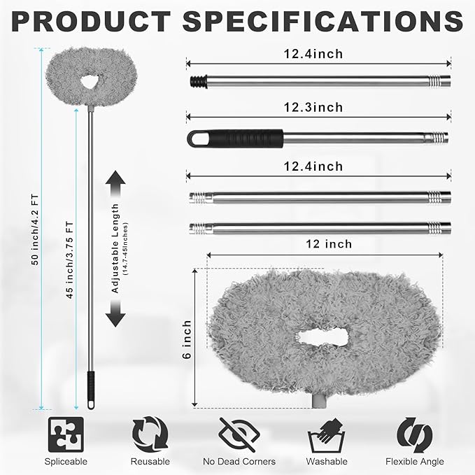 Storystore Ceiling Fan Cleaner Duster with Extension Pole, Adjustable from 13 to 49.7 Inches, Removable Fan Blade Cleaner (Grey)