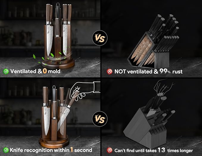 Kitchen Knife Set with Magnetic Block and Sharpener 14 Piece Knife Set 360° Rotatable Holder Ultra Sharp High Carbon Stainless Steel Knives Sets with Steak Knives, Christmas gift