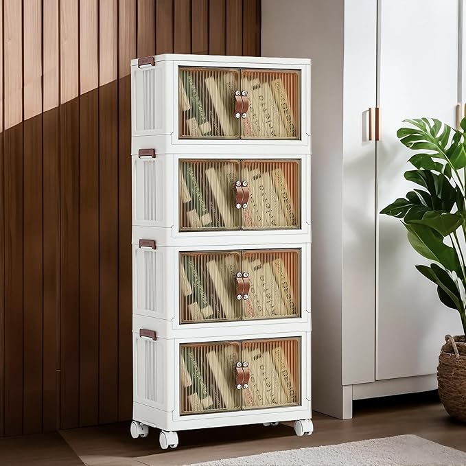 4-Tier Foldable Storage Containers with Wheels, Large Clear Plastic Storage Bins with Lids, Stackable Organizer Boxes, 350 QT Capacity, Save Space, White (4 Tier, 25.8″)