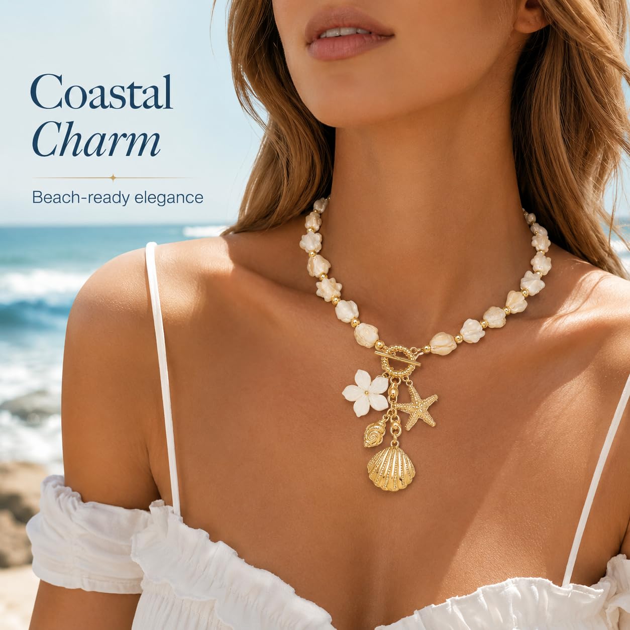 Shell Starfish Necklace for Women Gold Tone Layered Beach Jewelry Pearl Seashell Charm Adjustable Coastal Necklace for Summer Vacation Outfits Gifts