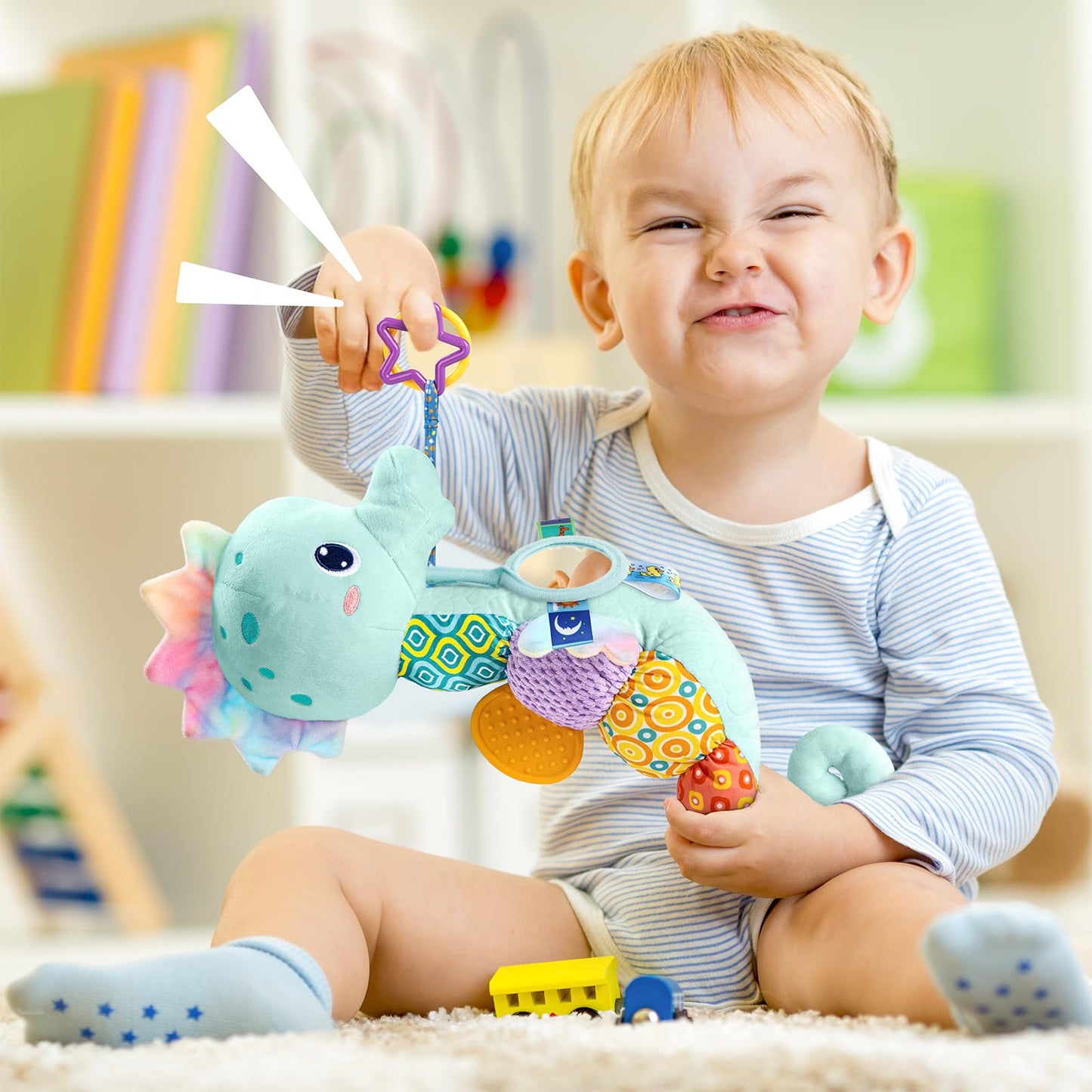LIGHTDESIRE Baby Toys Musical Seahorse,Infant Stuffed Animal Toys with Crinkle and Rattles,Soft Sensory Toys with Textures for Tummy Time Newborn Boys Girls 0 3 6 12 Months(Blue)