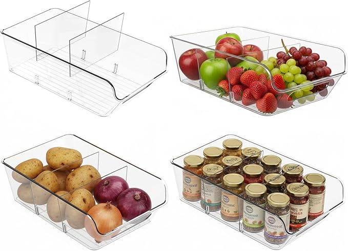 Pantry Organizers and Storage,Clear Plastic Containers with 2 Dividers for Kitchen,Fridge,Freezer Organization and Storage,Acrylic Bins for Pounches,Spice Packet,Snack organzier (4 Pack)