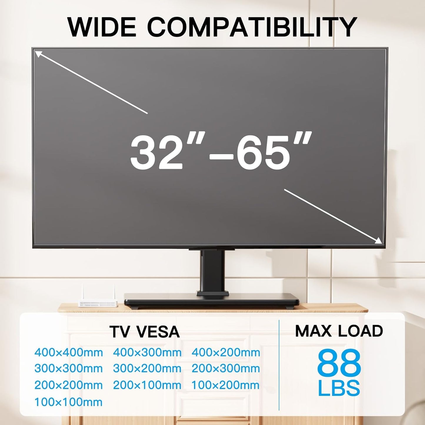 PERLESMITH Universal Swivel TV Stand-Table Top TV Stand for 32-65 inch TV-Height Adjustable TV Base with Heavy-Duty Tempered Glass Base, VESA 400x400mm up to 88lbs, PSTVS17