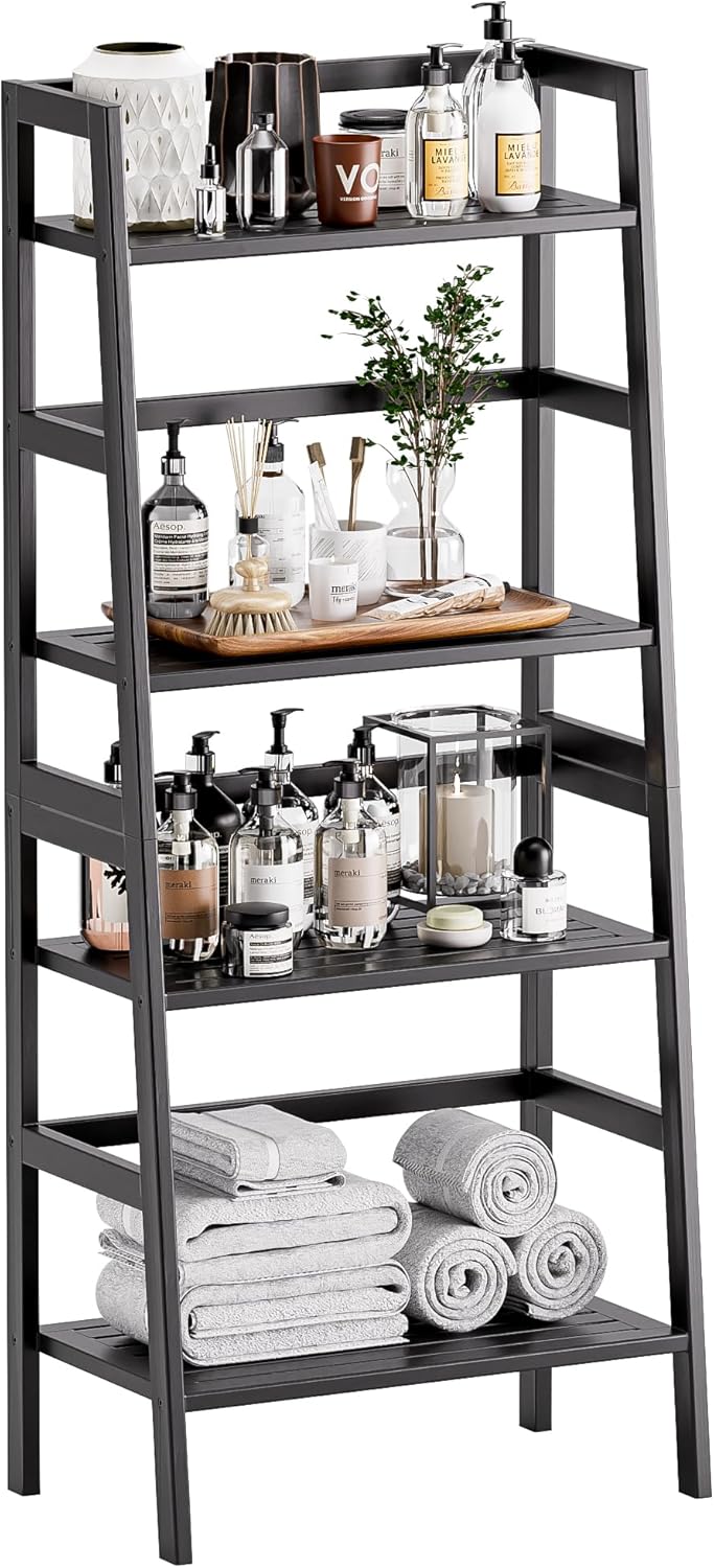 HITNET Black Bookshelf, 4-Tier Ladder Shelf, Freestanding Leaning Bookcase with Bamboo Shelves, Space Saving Flower Plant Stand for Small Space