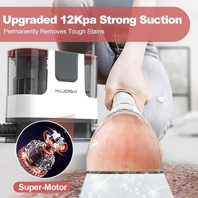 Upholstery Carpet Cleaner, MUJERBAY 12Kpa Portable Spot & Stain Cleaner Shampooer, Move with Universal Wheels & Handle, 1.18-inch Deep Cleaning Machine for Couch, Stairs, Car & Messes.Red