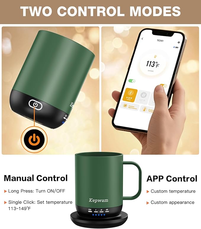 Kepwam Self Heating Coffee Mug T1-16oz Fast Heating & Ultra Long-Lasting Battery Life, Heated Coffee Mug Up to 149℉ - Touch & App Controlled Coffee Mug, Birthday Gifts for Women and Men