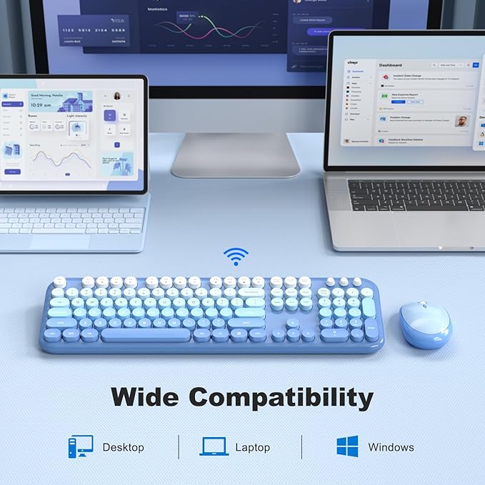 Wireless Keyboard and Mouse Combo, MOWUX Colorful Computer Full Size 2.4G Plug and Play Wireless Typewriter Keyboard and Mouse Set for Computer, Desktop, PC (Blue Gradient)