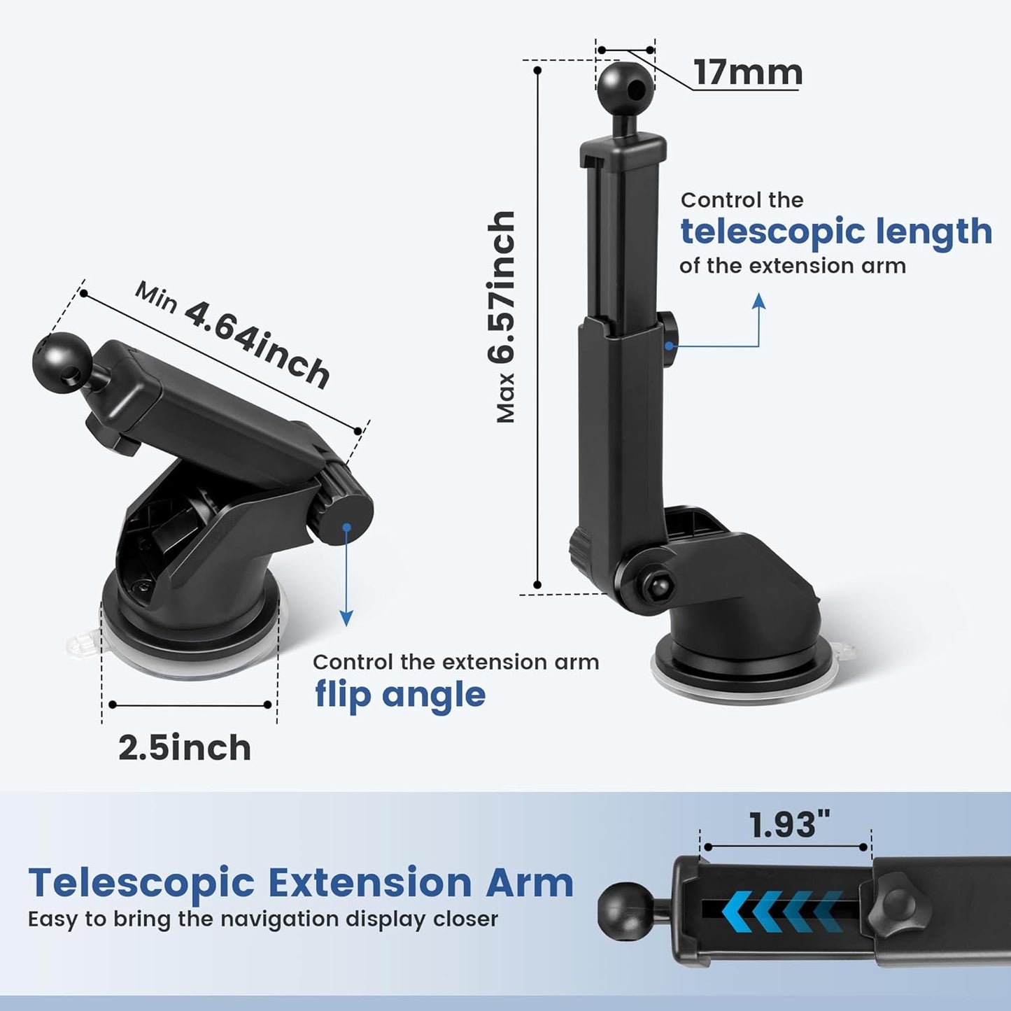 EWAY for Garmin GPS Mount w/Telescopic Extension Arm, Replacement Dash Ball Mount Holder for Dashboard Windshield Windscreen for Garmin Nuvi RV Dezl Drive Drivesmart Zumo Driveassist DriveLuxe
