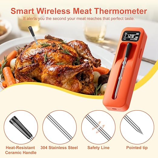Smart Bluetooth Wireless Meat Thermometer with Ceramic Probe,±1°F Accuracy,IPX8,Real-Time Readings from App or Standalone Display Base for BBQ,Grill,Smoker,Steak,Turkey,Chicken,Pork,Lamb
