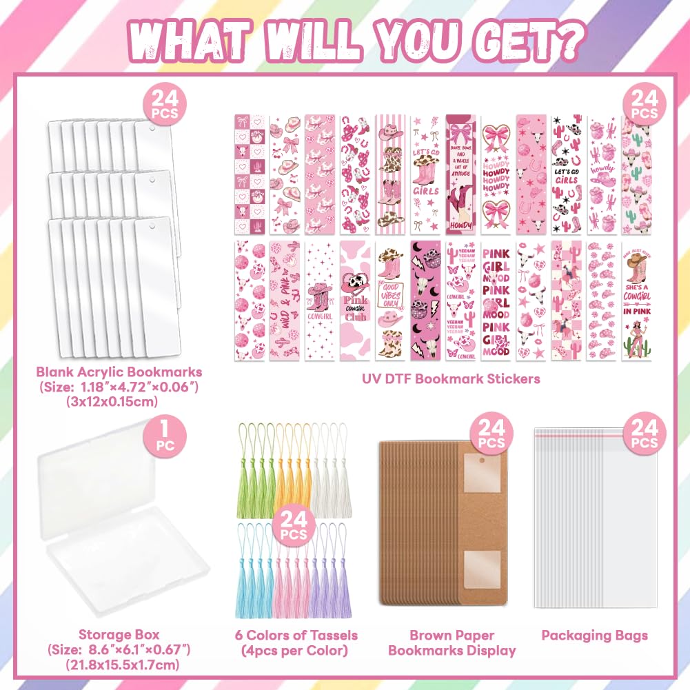 Peacoblue 121pcs Pink Cowgirl UV DTF Acrylic Bookmark Making Kits Carft for Women Men Adult, DIY Cute Bookmarker Decal Stickers Warps Kit for Students Teachers Book Lovers Reading