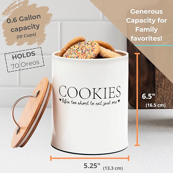 D'Lifeful Cookie Jar with Airtight Bamboo Lid – 0.6 Gallon Cute and Decorative Cookie Storage for Kitchen Countertop – Farmhouse Storage Tin for Freshness – Great Gift Idea