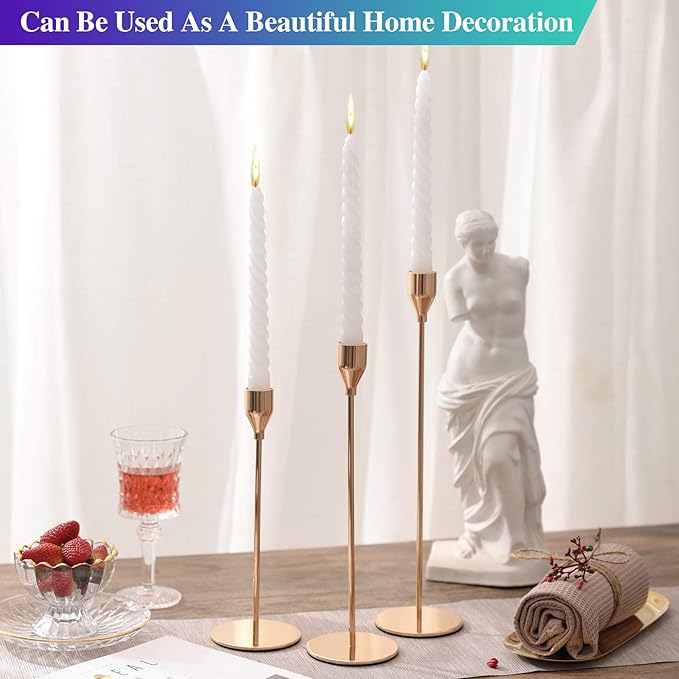 Set of 3 Pink Gold Candlestick Holders Pink Gold Candle Holder Taper Candle Holders Candle Holders Decorative Candlestick Holder for Home Decor, Wedding, Dinning, Party, Anniversary (Gold)