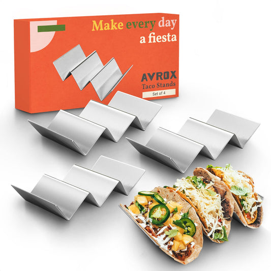 Pack of 4 - Stainless Steel Taco Holder Stand - Truck Tray Style - Each Rack Holds Up to 3 Tacos - Oven, Grill & Dishwasher Safe - Size 8" x 4" x 2"