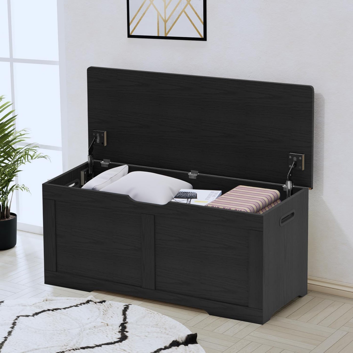 39.4" Storage Chest, Wooden Storage Bench, Lift Top Toy Chest with 2 Safety Hinges, Large Toy Box, Entryway Bench for Living Room, Bedroom, Black