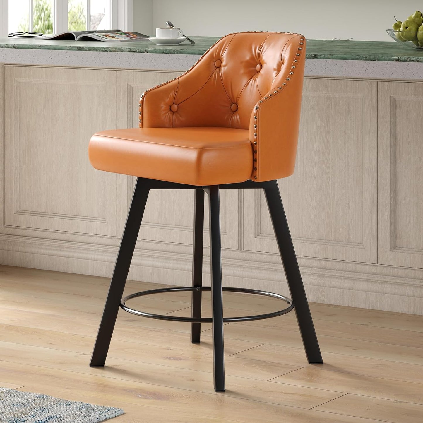 Tatub 26“ Brown Swivel Bar Stools Set of 2, Counter Height Bar Stools with Back, Upholstered Faux Leather Kitchen Barstools Counter Height for Kitchen Island