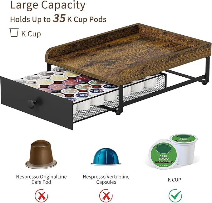 YINMIT Coffee Pod Holder Drawer, Wood K Cup Holder for Counter, Coffee Pod Organizer for K Cup, 35 Capacity Capsule Pods Storage K Cup Drawer Organizer with Sliding Baskets for Home, Kitchen, Retro