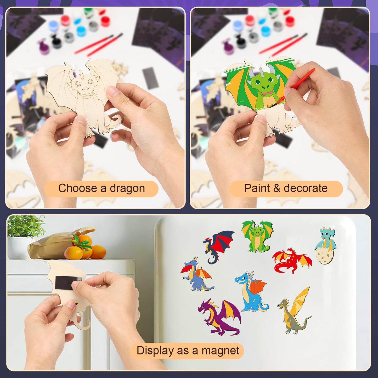 Dragon Party Favor Craft Kits - 24 Set Paint Your Own Wooden Dragon Magnet Painting Set with Thank You Cards, Birthday Decorations for Fantasy Parties, Goodie Bag Stuffers & Classroom Activities