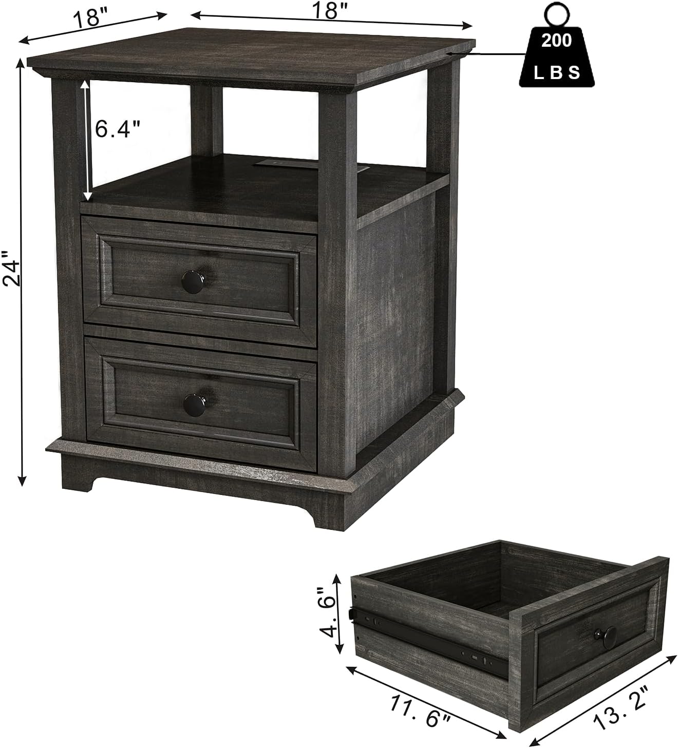 End Table with Fast USB C Charging Station,18" Wide Sofa Side Table with 2 Drawers, Large Storage Rustic Wood Square Storage Cabinet for Living Room, Bedroom, Office, Black