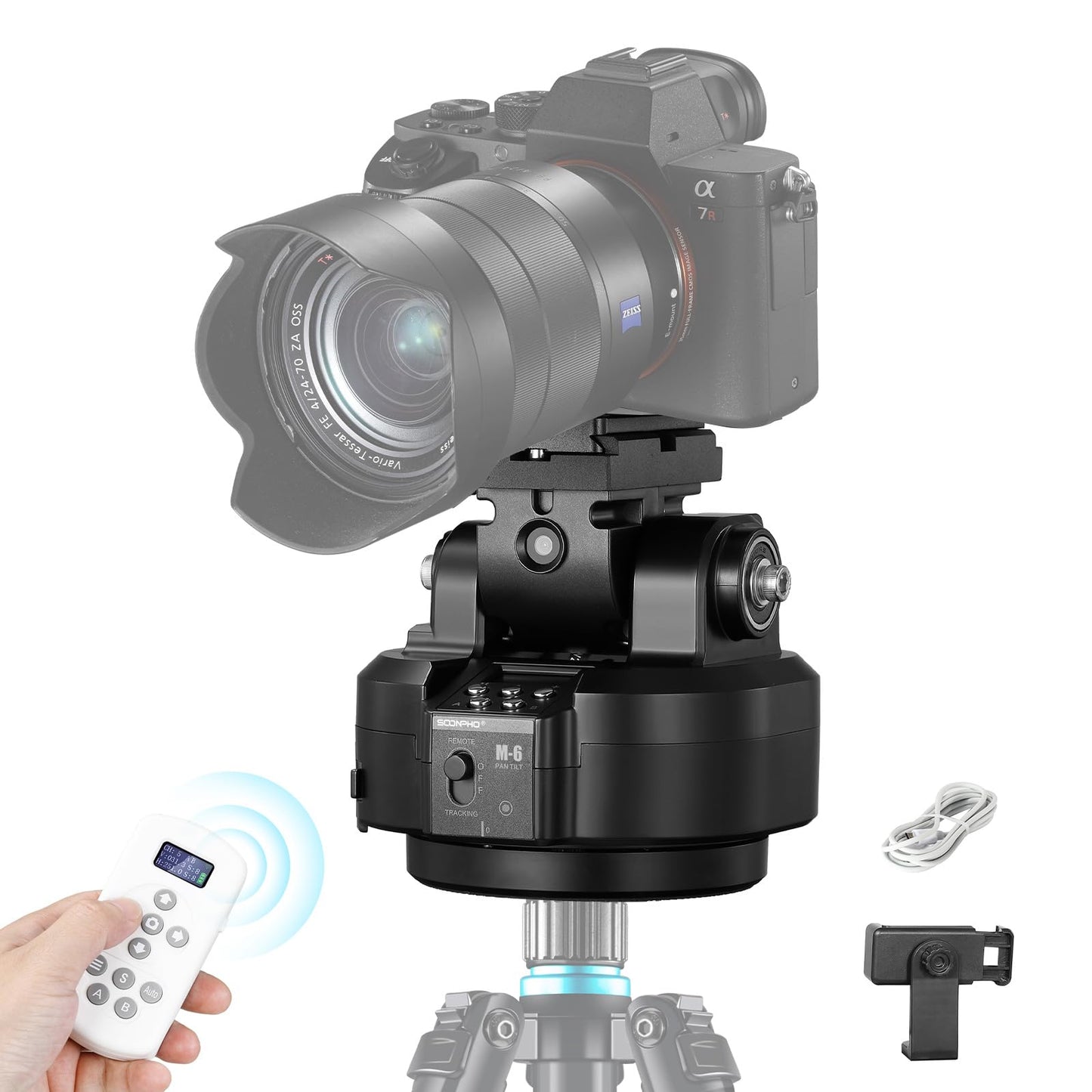 Soonpho M6 Auto Face Tracking Motorized Rotating Panoramic Tripod Head  Remote Control 360 Pan Tilt Head with Mobile Phone Clip for DSLR Cameras  Camcorders  Smartphones  Tripod-New