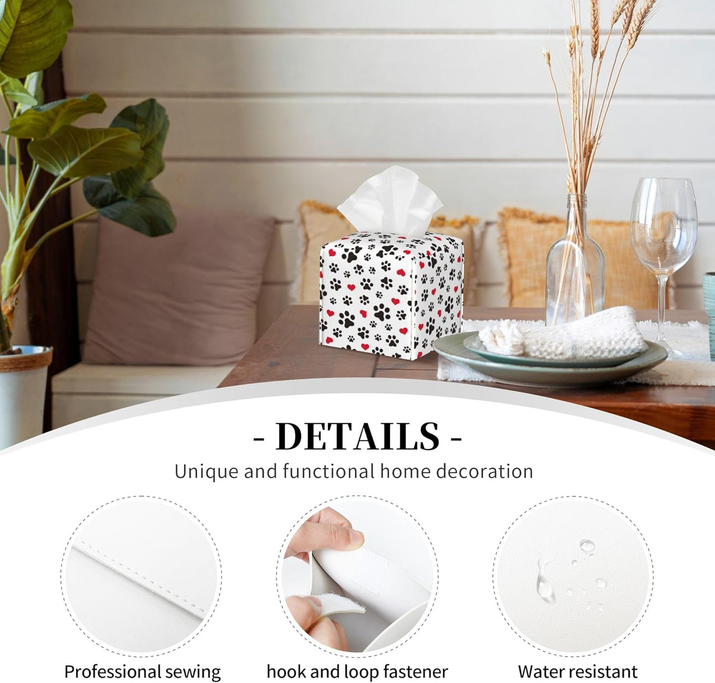Dog Paw Cat Paw Heart Love Tissue Box Cover Square, Animal Puppy Footprints Tissue Box Holder Waterproof Leather Facial Paper Organizer Dispenser for Bathroom Home Car Nightstand Vanity Desk
