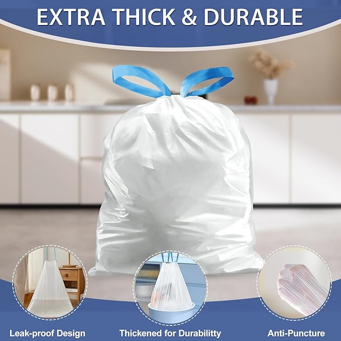 15 Gallon Trash Bags with Drawstring - 120 Count Heavy Duty 1.7 Mil Garbage Bags 56 Liter Tall Kitchen Bin Liners Unscented White for Home Yard Lawn