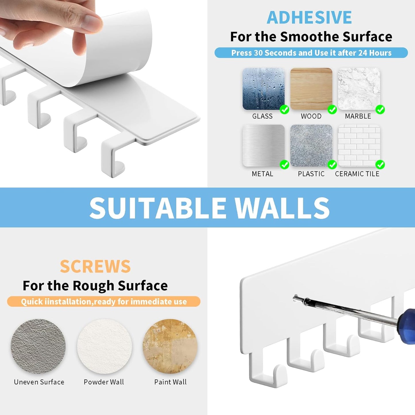 GTK Key Holder for Wall, Key Hooks with 10 Hooks, Wall Mounted Key Holder for Hallway, Self Adhesive Key Rack(White)