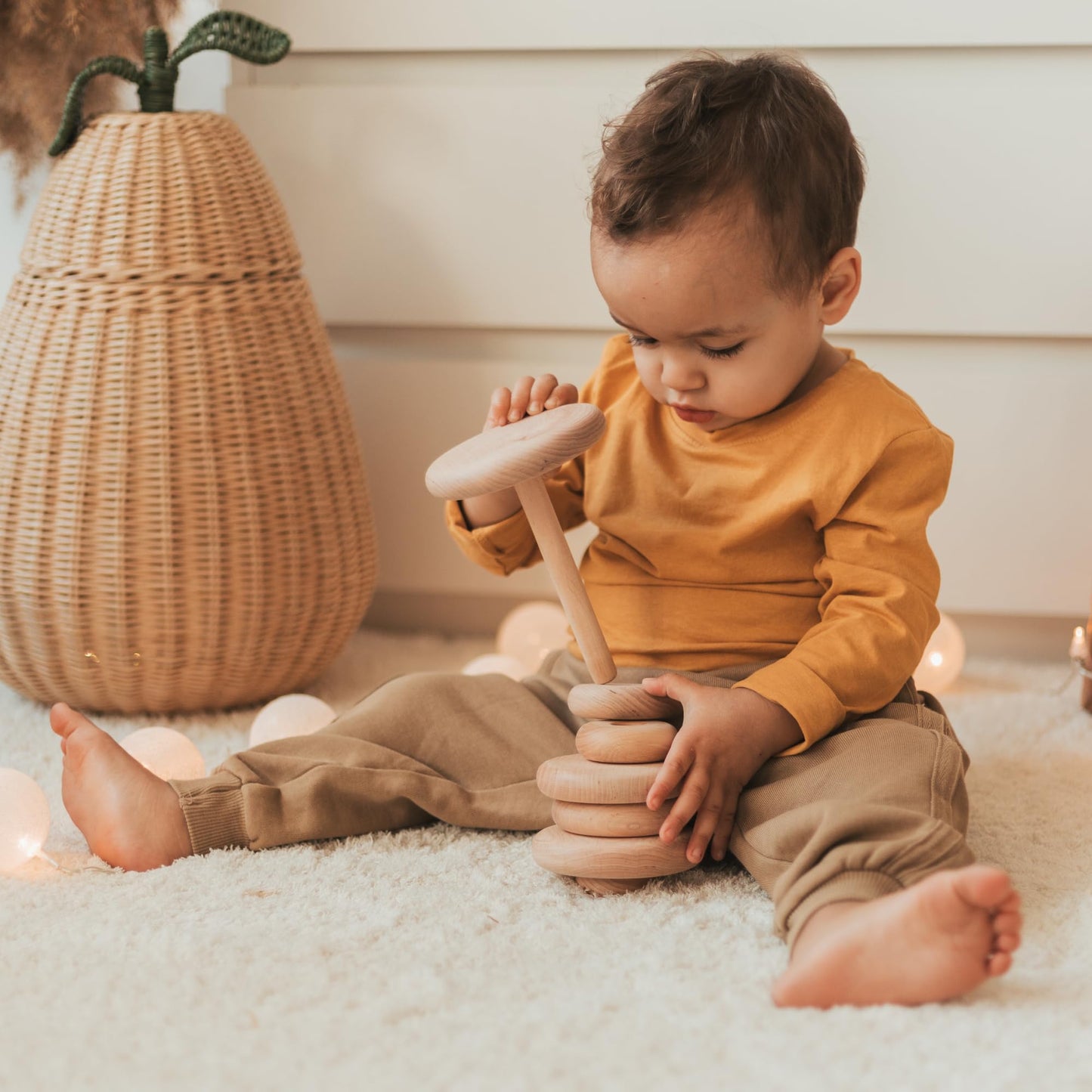 BUSY PUZZLE Ring Wooden Stacking Toy Montessori Wooden Pyramid Gifts for Toddlers Natural Baby Toy Pyramid Handcrafted Toy for 1 Year Old
