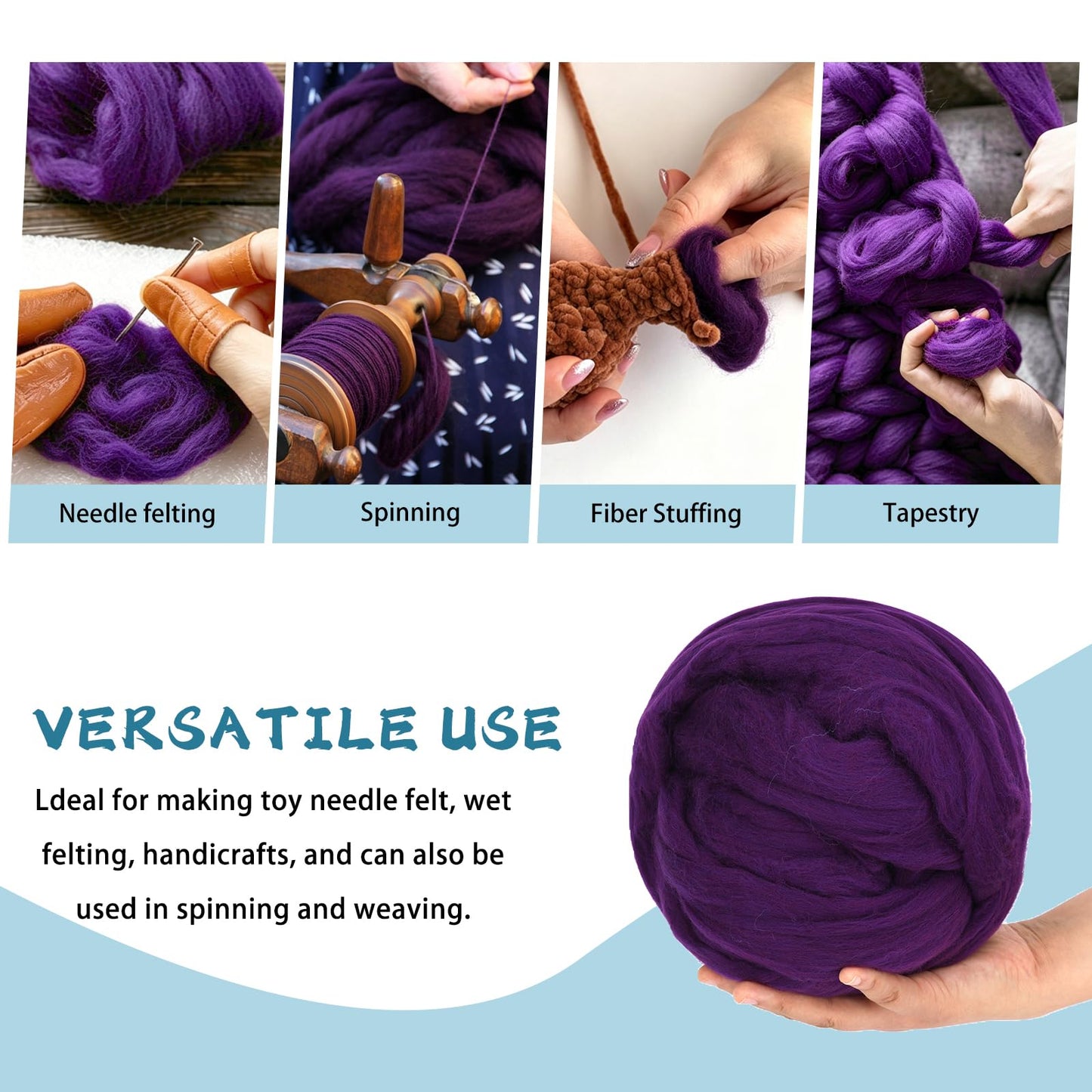 Core Wool for Needle Felting, 8 OZ Merino Wool Roving, Soft Felting Wool for Spinning, Needle Felting Supplies, Chunky Yarn, and Wet Felting, Purple