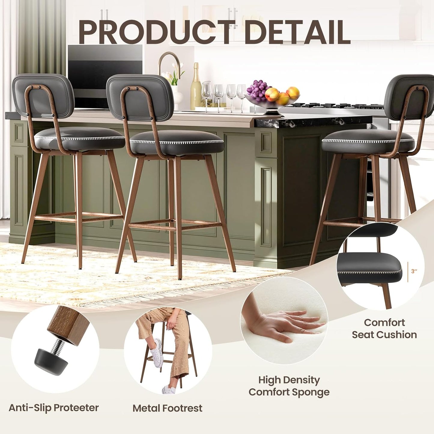 Swivel Bar Stools Set of 3, Mid Century PU Leather Counter Height Bar Chairs with Low Back and Metal Legs, Modern Bar Stool Chair for Kitchen Island, Black