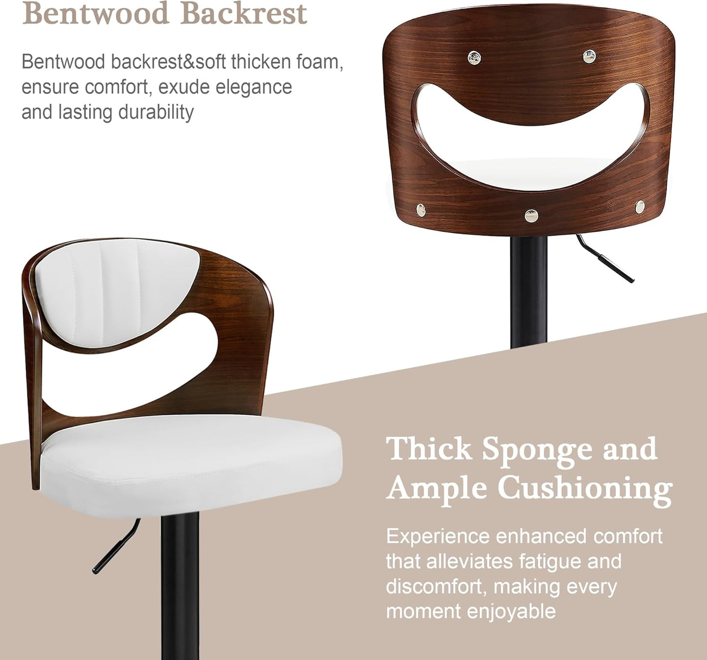 VECELO BarStools Set of 4,Kitchen Island Stools with Bentwood Back,Arm&Footrest,Counter Height Bar Chairs PU Leather Cushion Seat Adjustable Height 360°Swivel,Island Chairs for Club Pub,Creamy White