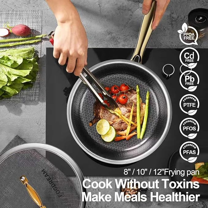 FogDream 8 Inch Non Stick Frying Pans, Stainless Steel Skillet with Tempered Glass Lid Tri-Ply Stainless Steel for All Cooktops, Dishwasher & Oven-Safe Cooking Pan, Stay-Cool Handle, Gold
