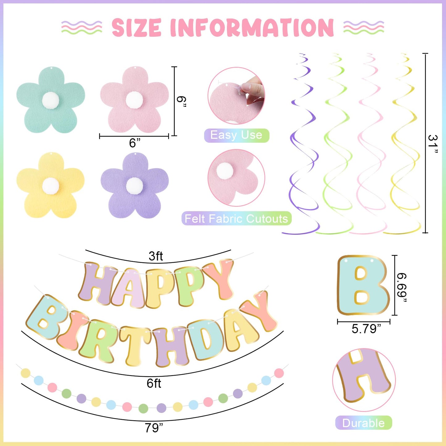 Amandir Pastel Birthday Decorations for Girls Women, Happy Birthday Banner with Honeycomb Balls, Daisy Flowers Hanging Swirls, Circle Dots Garland, Pastel Spring Easter Party Decorations Supplies