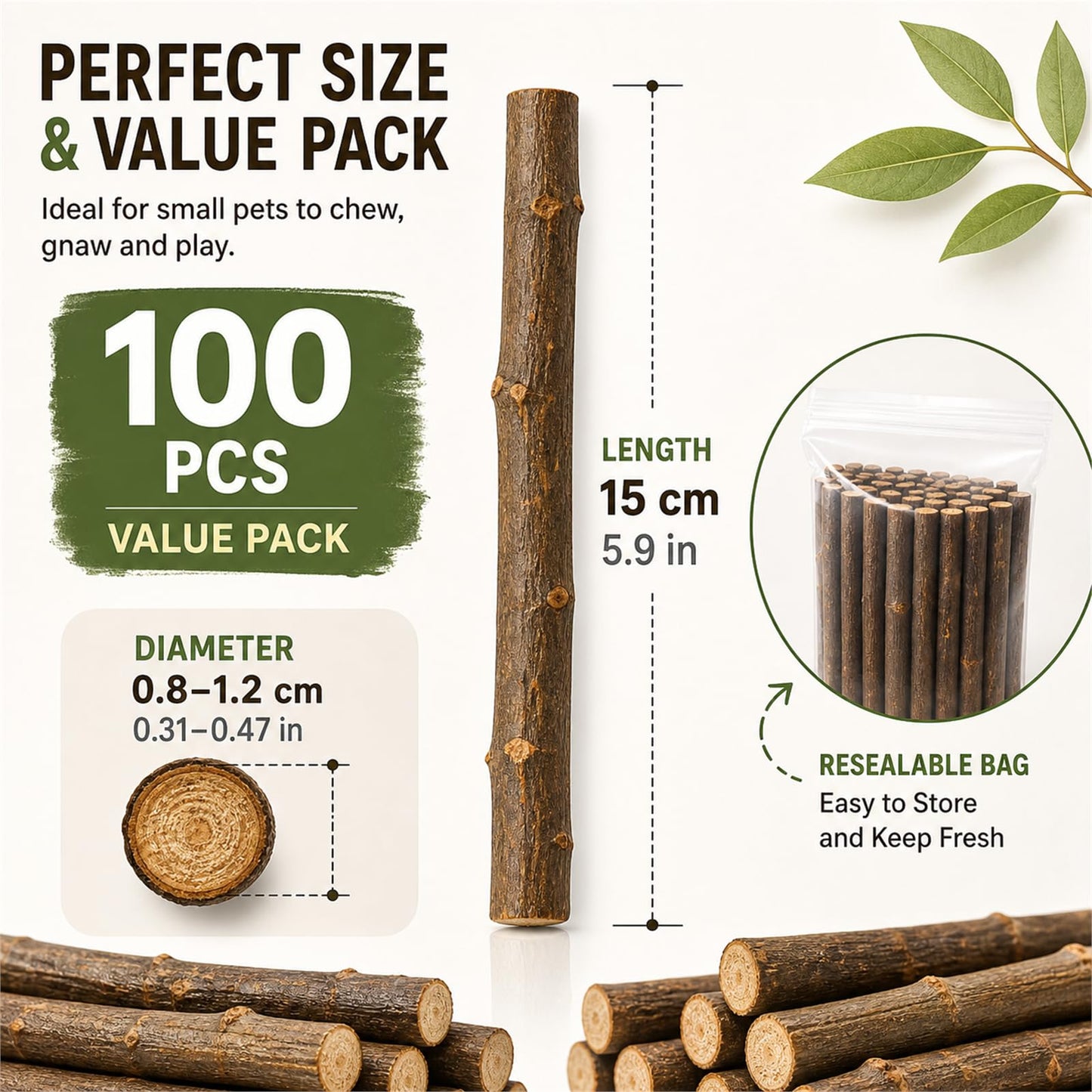 QTLCOHD 100Pcs 6 Inch Wood Sticks for Crafts, 0.3-0.5 Inch Diameter Twigs for Crafts, Natural Mini Wood Log Craft Sticks for Photo Props, DIY Crafts, Home Decorations, Pets, Etc.