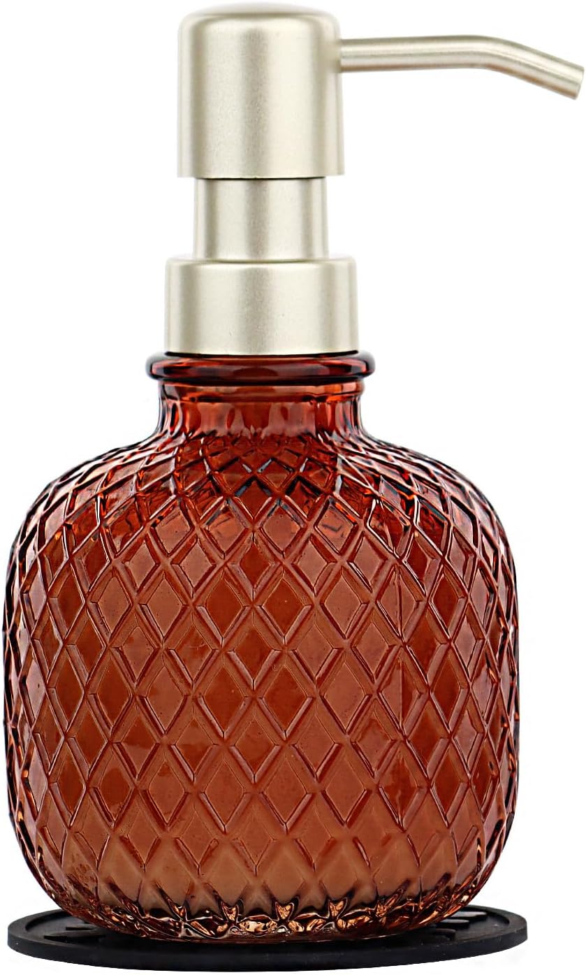 Soap Dispensers with Silicone Mat, for Kitchen and Bathroom Contertop Wash Hand Liquid, Dish Detergent, Farmhouse Style Shampoo Lotion Pump (1, Brown Glass with Champagne, 3-1/2" x 3-1/2" x 6-1/4")