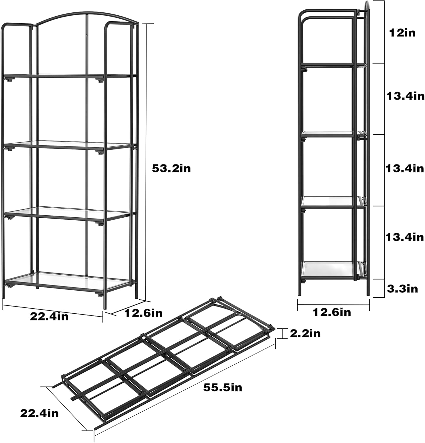 Crofy No Assembly Folding Bookshelf for Living Room, 4 Tier Black Collapsible Book Shelf for Home Office, Portable Bookcase Storage Organizer
