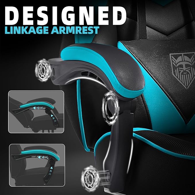 Vonesse Gaming Chair, High Back Gaming Chair with Footrest and Massage, Gaming Chairs for Adults with Pocket Spring Cushion, Big and Tall Reclining Computer Chair with Lumbar Support (Cyan/Black)