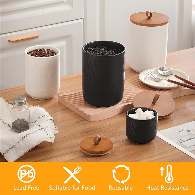 Food Storage Jar Strong Ceramic Storage Canisters with Airtight Wooden Lid,Kitchen Storage Containers for Serving Coffee Beans, Tea, Sugar, Salt, Spices (Medium black 27oz)
